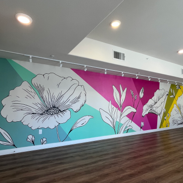 Commercial floral mural featuring oversized poppy flowers