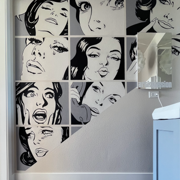 retro comic book bathroom mural black and white wall art